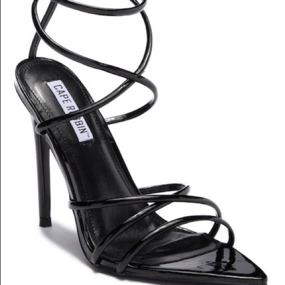 Black strappy pointed open toe heels